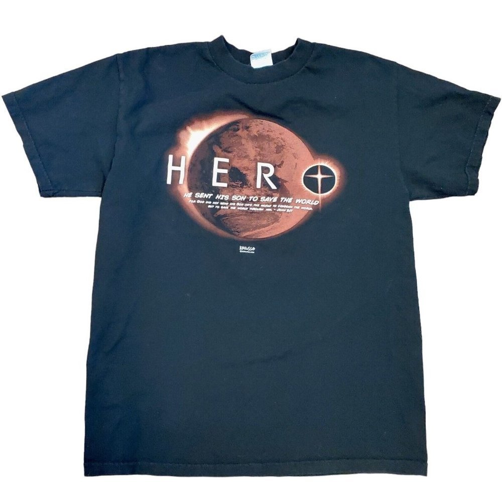 Christian Planet Hero Religious T-Shirt Mens Small Slim M Jesus John Bible Y2k